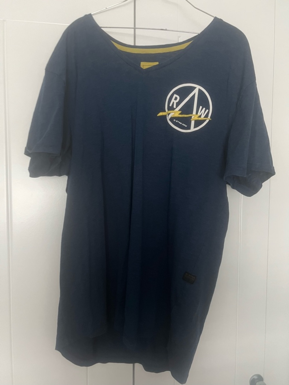 G-Star Navy Short Sleeve Logo Tee with Yellow Trim